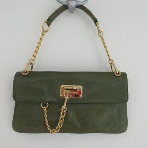 Michael Kors Genuine Leather Rectangular Medium Sz Shoulder Bag Green Gold *Flaw